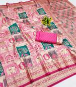 Pink zari woven patola banarasi silk blend festive saree with blouse piece