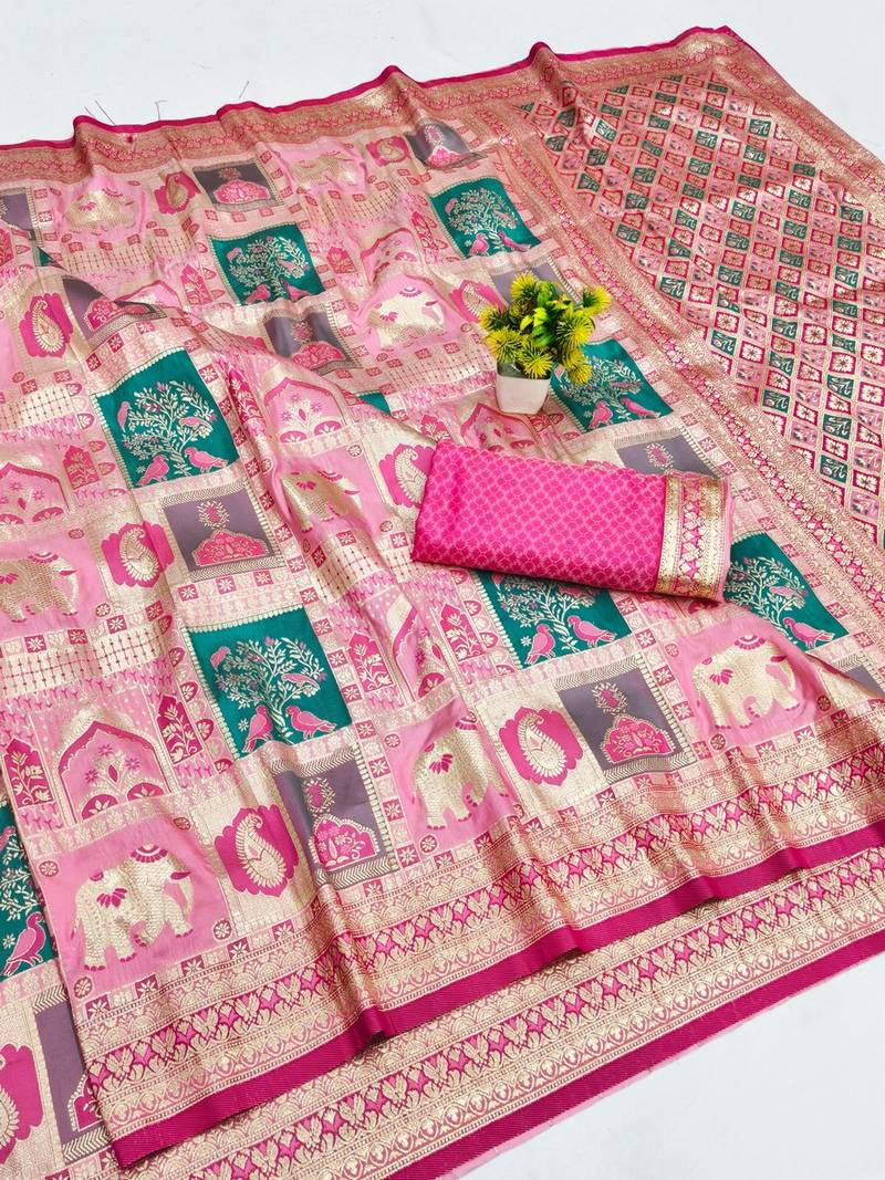Pink zari woven patola banarasi silk blend festive saree with blouse piece