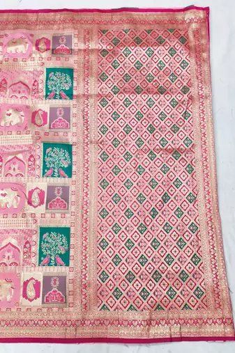 Pink zari woven patola silk blend festive saree with blouse piece