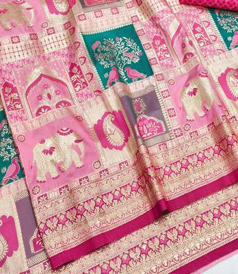 Pink zari woven patola silk blend festive saree with blouse piece 3