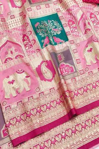 Pink zari woven patola silk blend festive saree with blouse piece