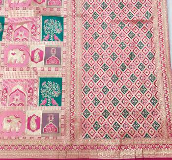 Pink zari woven patola silk blend festive saree with blouse piece 5