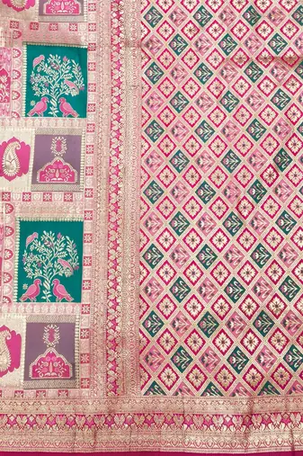 Pink zari woven patola silk blend festive saree with blouse piece
