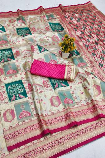 Cream zari woven patola banarasi silk blend festive saree with blouse piece