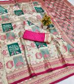 Cream zari woven patola banarasi silk blend festive saree with blouse piece