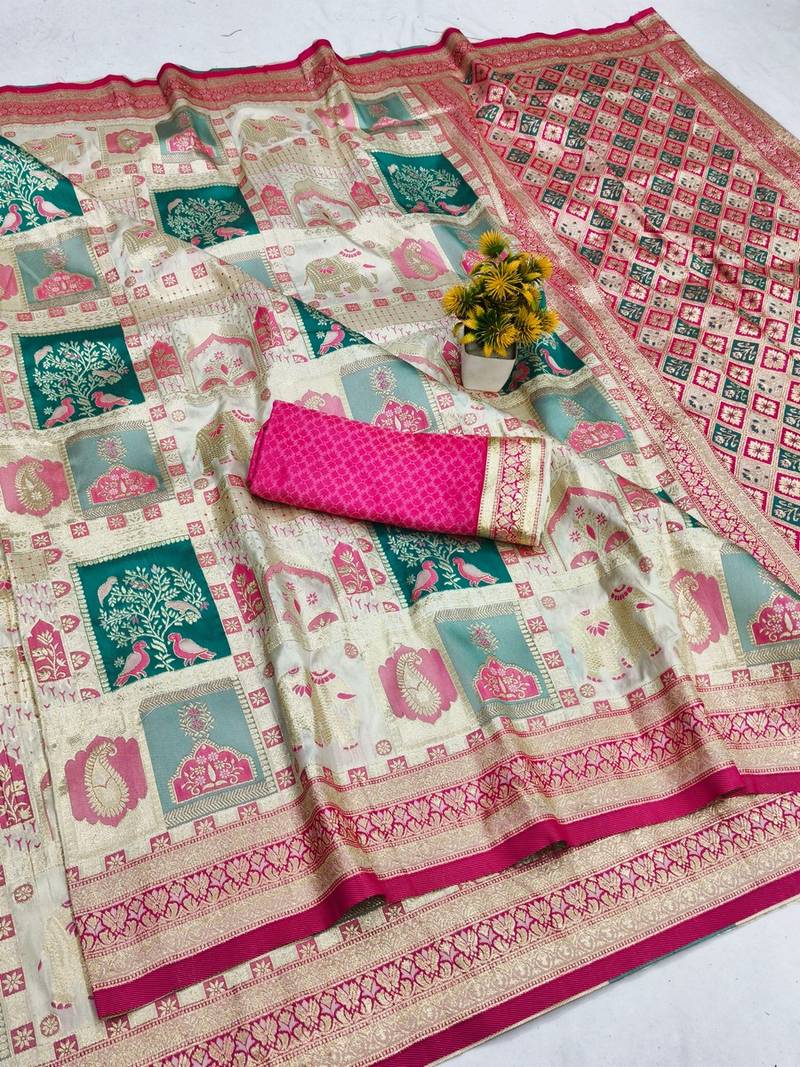 Cream zari woven patola banarasi silk blend festive saree with blouse piece