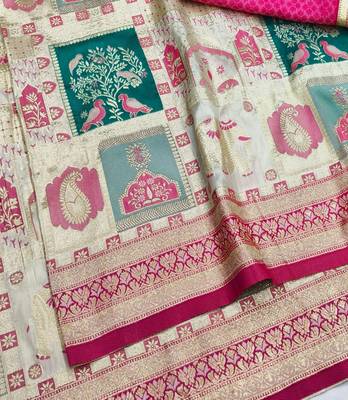 Cream zari woven patola silk blend festive saree with blouse piece 3
