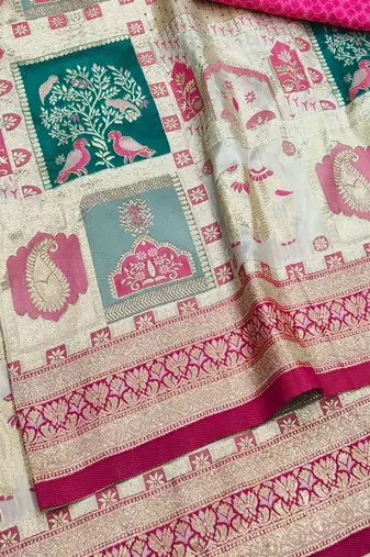 Cream zari woven patola silk blend festive saree with blouse piece