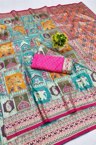 Blue zari woven patola silk blend festive saree with blouse piece