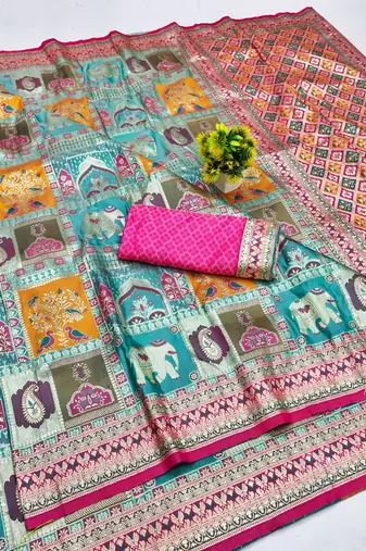 Blue zari woven patola silk blend festive saree with blouse piece