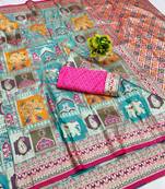 Blue zari woven patola banarasi silk blend festive saree with blouse piece