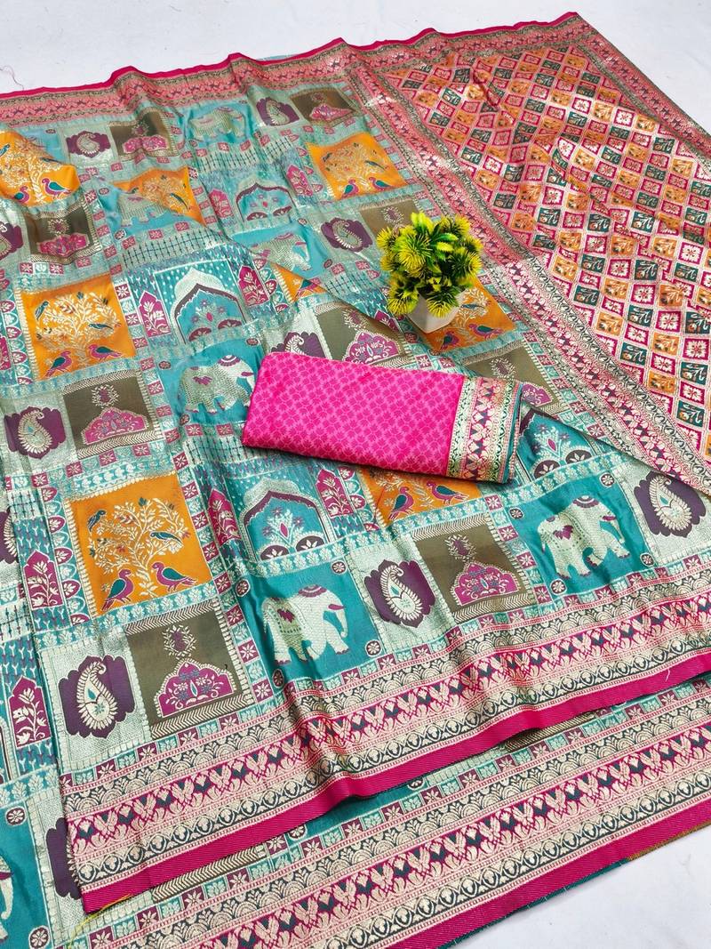 Blue zari woven patola banarasi silk blend festive saree with blouse piece