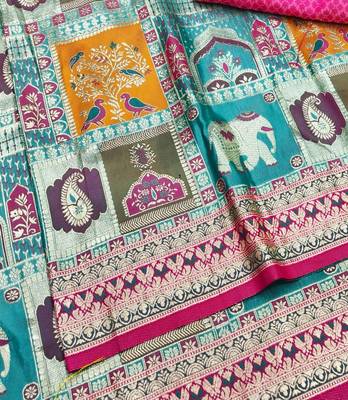 Blue zari woven patola silk blend festive saree with blouse piece 3