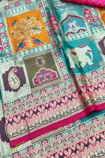 Blue zari woven patola silk blend festive saree with blouse piece