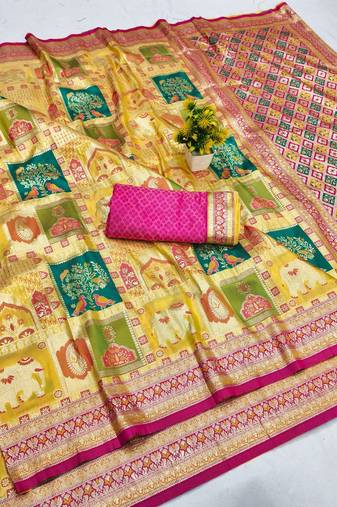 Gold zari woven patola banarasi silk blend festive saree with blouse piece
