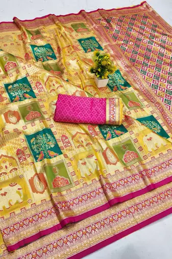 Gold zari woven patola banarasi silk blend festive saree with blouse piece