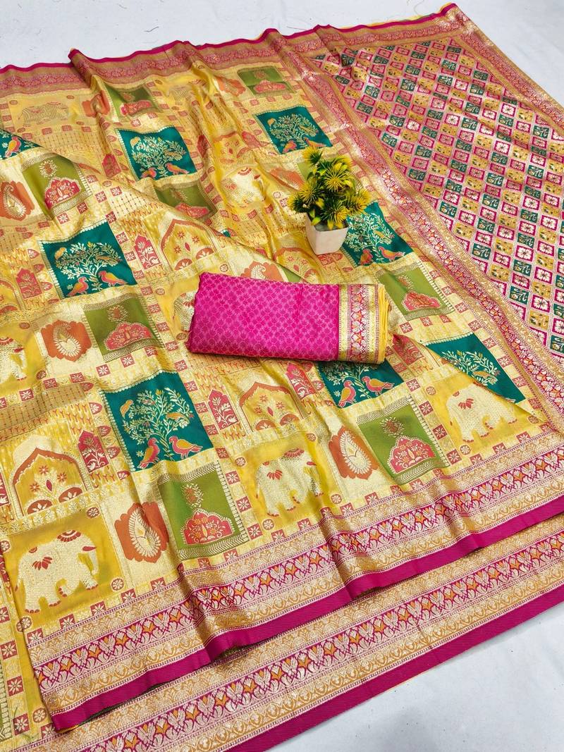 Gold zari woven patola banarasi silk blend festive saree with blouse piece