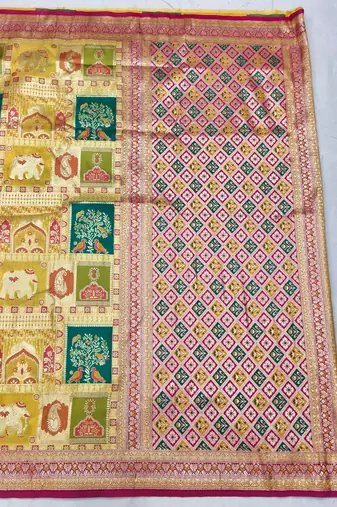Gold zari woven patola silk blend festive saree with blouse piece
