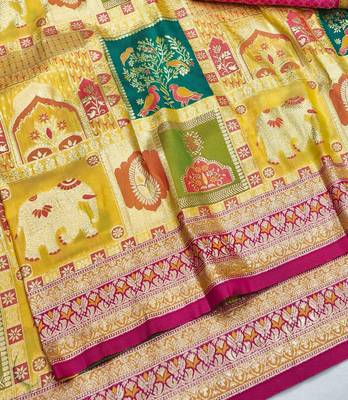 Gold zari woven patola silk blend festive saree with blouse piece 3