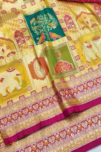 Gold zari woven patola silk blend festive saree with blouse piece