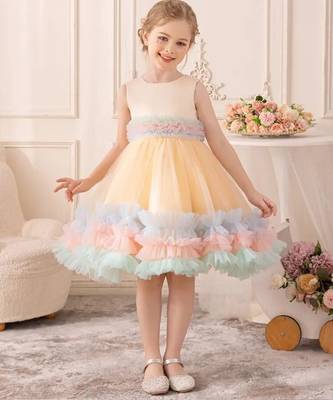 Pastel rainbow frill net party wear frock for girls 1