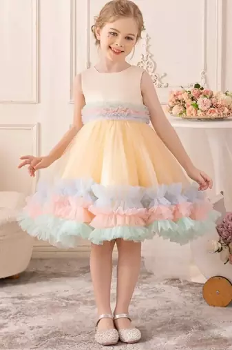 Pastel rainbow frill net party wear frock for girls