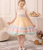 Pastel rainbow frill net party wear frock for girls