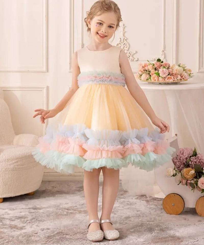 Pastel rainbow frill net party wear frock for girls