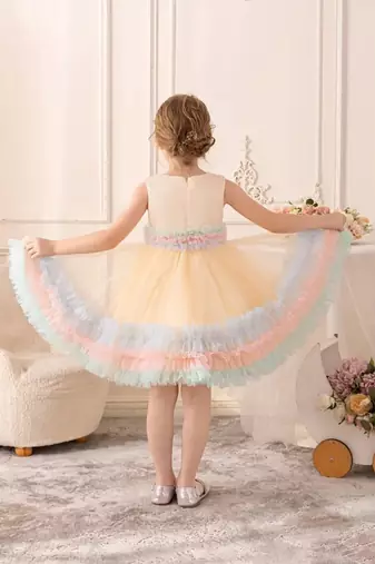 Pastel rainbow frill net party wear frock for girls