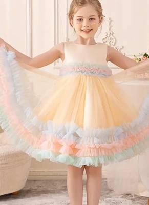 Pastel rainbow frill net party wear frock for girls 3