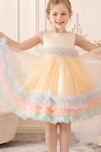 Pastel rainbow frill net party wear frock for girls