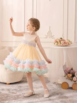Pastel rainbow frill net party wear frock for girls 4