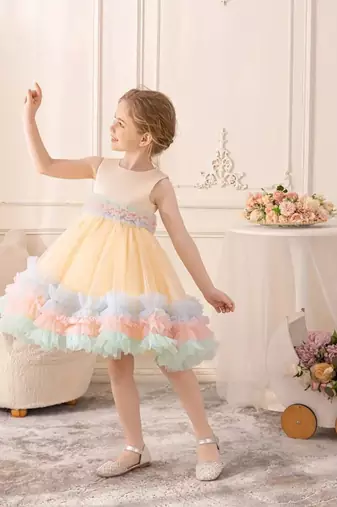 Pastel rainbow frill net party wear frock for girls