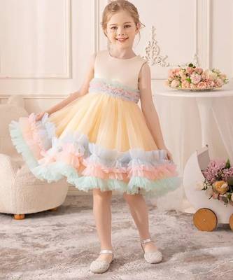 Pastel rainbow frill net party wear frock for girls 5