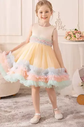 Pastel rainbow frill net party wear frock for girls
