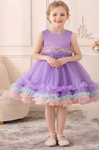 Purple rainbow frill net princess dress for girls