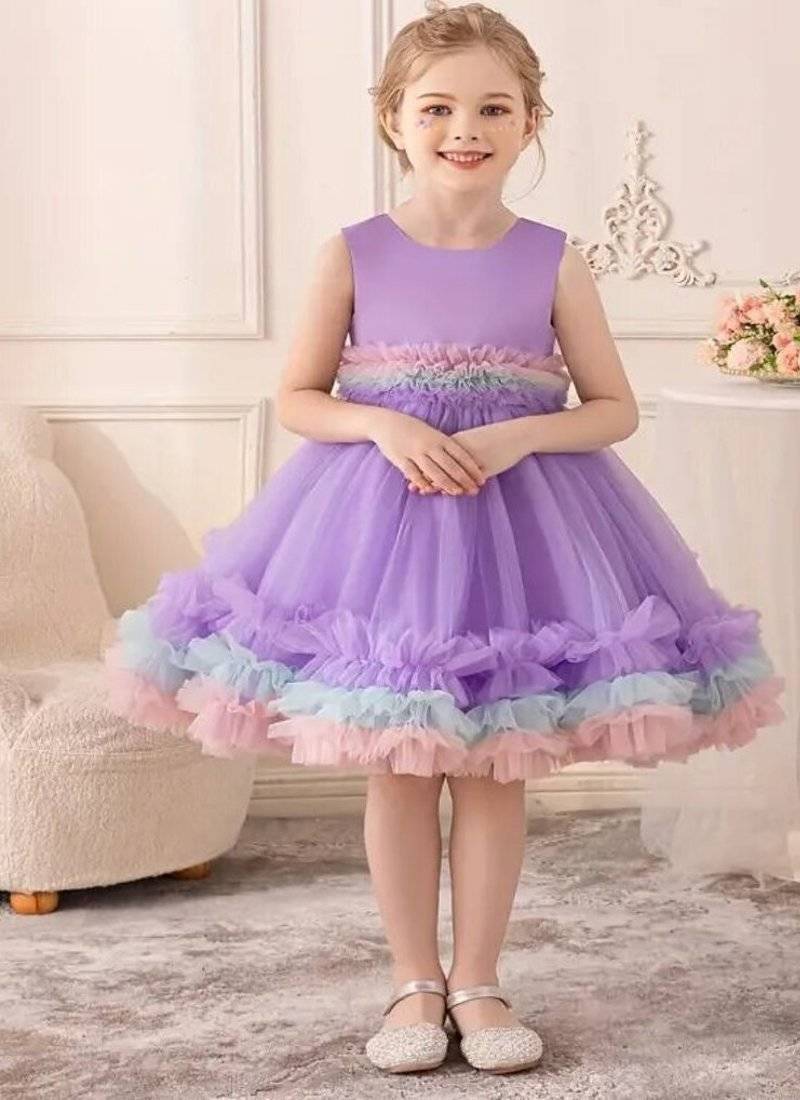 Purple rainbow frill net princess dress for girls