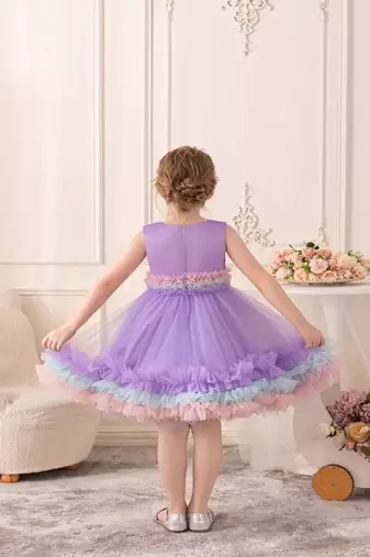 Purple rainbow frill net princess dress for girls