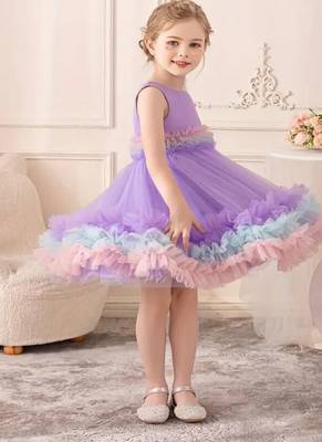 Purple rainbow frill net princess dress for girls 3