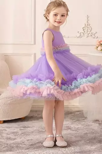 Purple rainbow frill net princess dress for girls