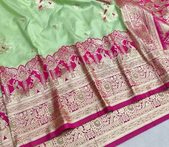 Light green zari woven silk blend saree with blouse piece 3