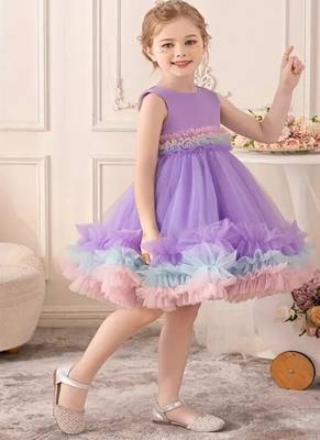 Purple rainbow frill net princess dress for girls 4