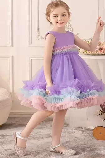 Purple rainbow frill net princess dress for girls