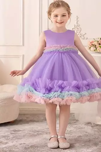 Purple rainbow frill net princess dress for girls