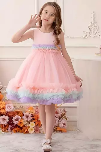 Purple rainbow frill net princess dress for girls