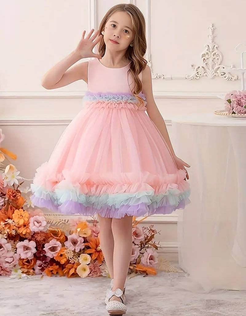 Purple rainbow frill net princess dress for girls