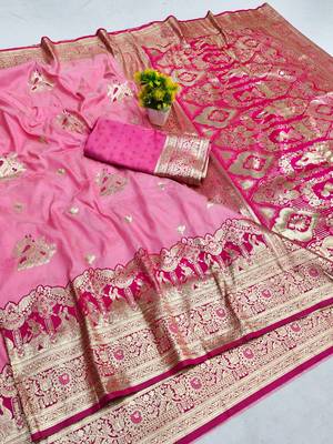 Pink zari woven silk blend saree with blouse piece 1