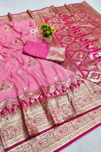 Pink zari woven banarasi silk blend saree with blouse piece