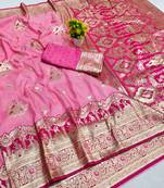 Pink zari woven banarasi silk blend saree with blouse piece