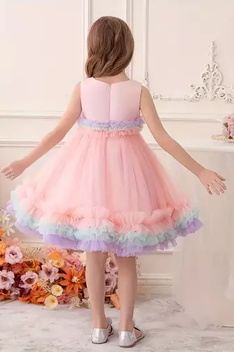 Purple rainbow frill net princess dress for girls